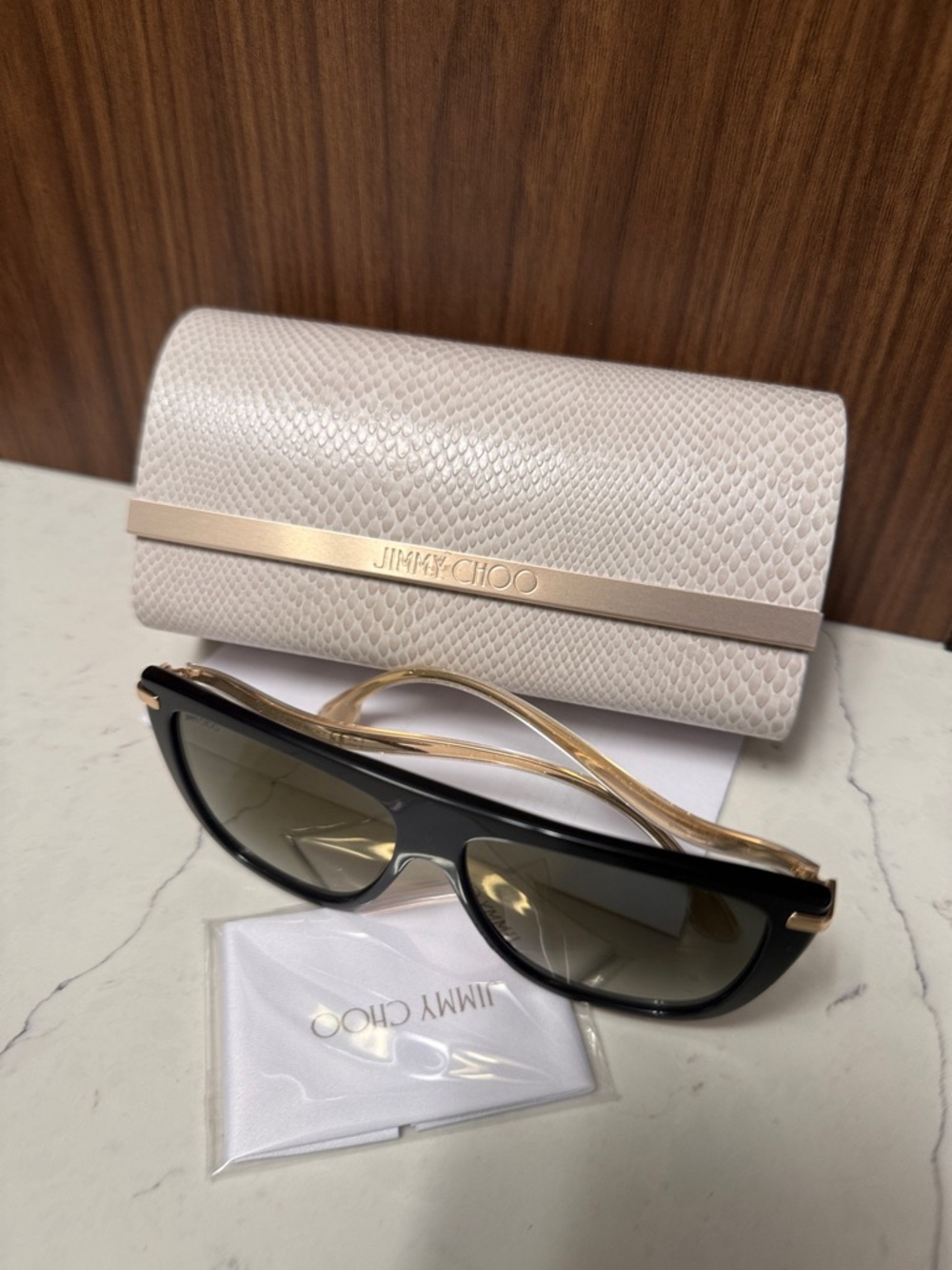 Jimmy Choo Black and Gold Women's Sunglasses with Cream Snakeskin Case